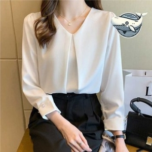 사틴 브이넥 긴팔 셔링 블라우스 우아한 여름 WFH6NZ9