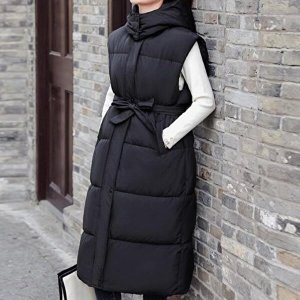 셀러허브 패션 JHQS8XY8_4B 후드 달린 후드조끼 롱 패딩 허리끈 루즈핏