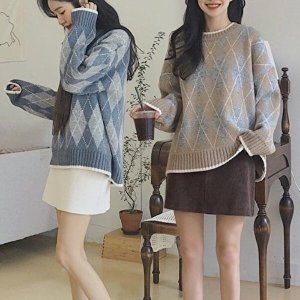 셀러허브 패션 JHQS8YHT_4B 아가일 패턴 라운드티 라운드넥 니트 티숙 U