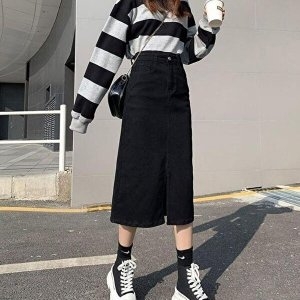 셀러허브 패션 JHQS8YHQ_4B 여성 블랙 A라인스커트 A라인 앞트임 스커트