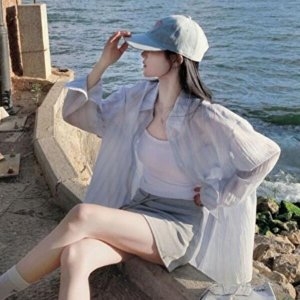 셀러허브 패션 JHQS8YHU_4B 여성 오버핏 시스루 멀티 스트라이프 남방