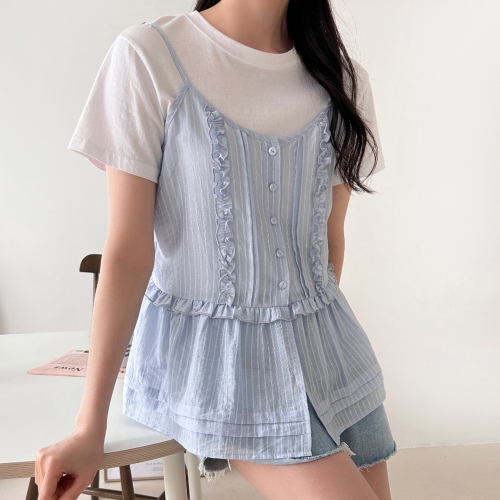 샵앤 여성 프릴단 여름 시스루 끈나시 뷔스티에 블라우스 NYS-WBL-4634-화이트