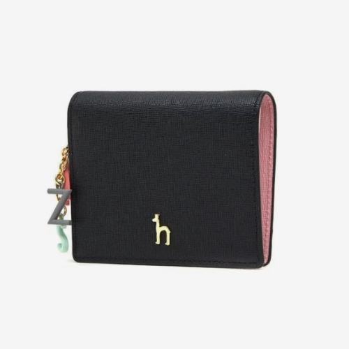  헤지스 여성 블랙 가죽 골드퍼피 로고 레터링장식 2단 반지갑 HIWA5F613BK