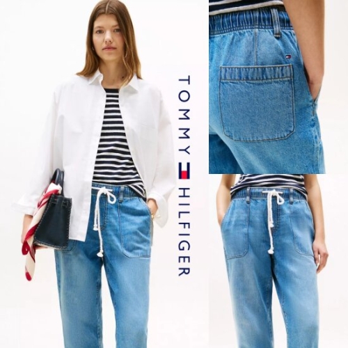 타미힐피거 XW05228-8KB 여자 코튼 리넨 혼방 유틸리티 크롭 데님 청바지