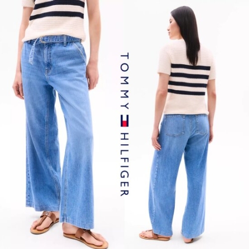 타미힐피거 76J5533-8KB 여자 하이라이즈 미디엄 워시 와이드레그 데님 청바지