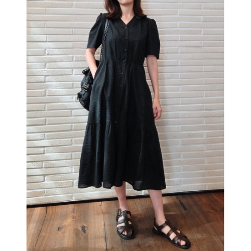 헤지스레이디스 여성 블랙 브이넥 반소매 원피스 HSDR5BS01BK