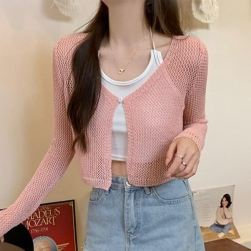 볼레 CCJ6527여성 러블리 미니멀 짜임 시스루 숏 로 가디건