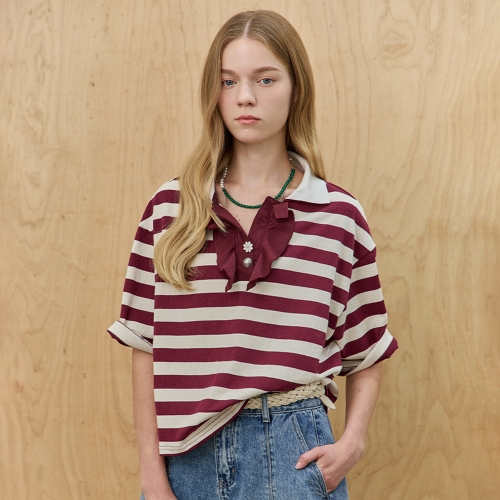 마쟈 프릴 카라 플라워 버튼 스트라이프 티셔츠 ZE08QT400NA