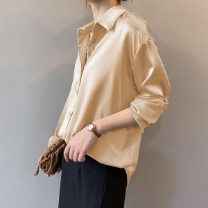 사틴 다잇템다잇템 여자 SS 빅사이즈 3컬러 환절기 샤인 카라넥 셔츠_1799436