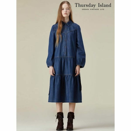 써스데이아일랜드 여성 셔링 티어드 데님 원피스 T236MOP304W