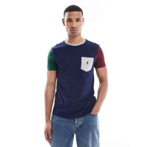 폴로랄프로렌 폴로 아이콘 로고 포켓 컬러블록 티셔츠 커스텀 핏 인 네이비 멀티 10819816 141816016