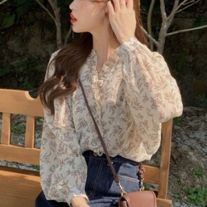 포인트 플라워 블라우스 프릴 쉬폰 레이스 WFJ8OSE