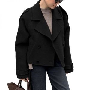 라펠 샤투 여성 크롭 울 피코트 칼라 오피스 숏 겨울 재킷 트렌치 코트 123229