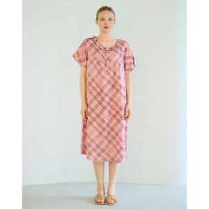 핑크 체크 셔링 장식 풍기 인견 반팔 롱 원피 DLUN5B292P2