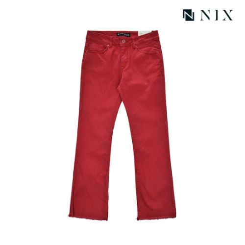 닉스 여성 컬러 RED 워싱 밑단 변형 크롭 세미 플레어 데님 팬츠_FNMFDDF591M