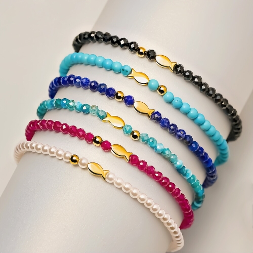 골드앤  순금 행운 물고기 천연석 비즈팔찌 0.23g