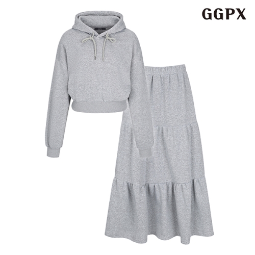 GGPX 후드넥 기모 베이직 긴팔 티셔츠 허리 밴딩 캉캉 스커트 셋업 GOCOW039D