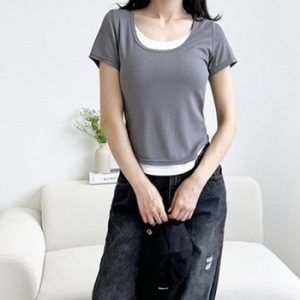 비스코스 다잇템 여자 반소매 슬림핏 코디 티셔츠_22459878_588872