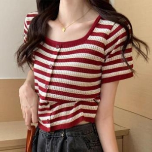 잇백잇슈 버튼줄무늬반팔니트 스타일리시 편안 예쁜 35660144