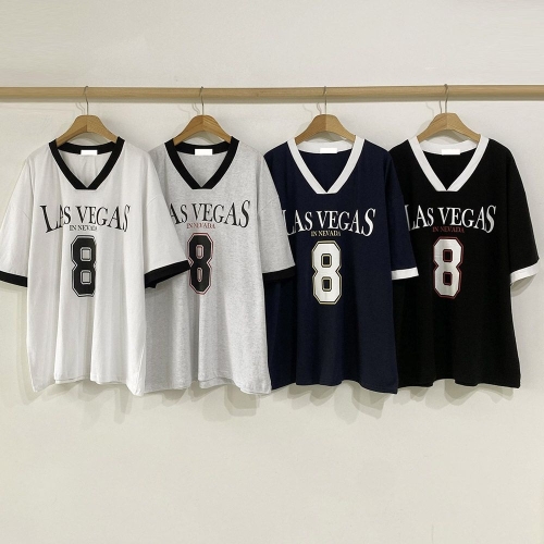 아이우먼 빅사이즈배색반팔티 V068L508 베가스딥브이넥티셔츠 BU