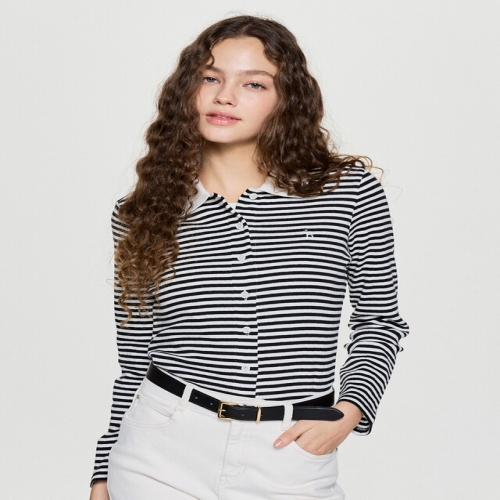 헤지스레이디스 여성 스트라이프 면 긴팔카라티셔츠 HSTS5D812BK