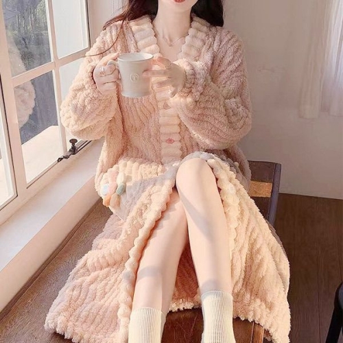 쉬블림로브 상의+하의 여성 극세사 패턴 수면잠옷 가운 GWD0366