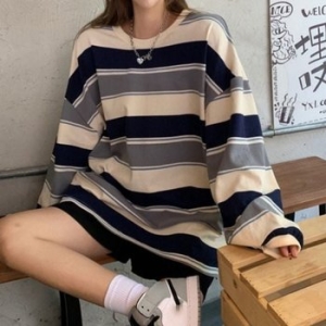 올데이 레트로 느낌레이디스 줄무늬 라운드칼라 풀슬리브 WFJT8PQ