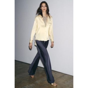 자라 우먼 ZW 컬렉션 새틴 플레어 트라우저스 바지 팬츠 Petrol 블루 10985431