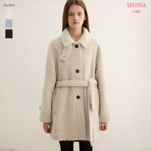 시스티나 여성 겨울 울 부클 싱글 벨티드 하프 뽀글이 코트 O4I070