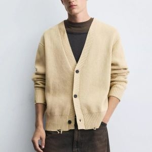 자라 가을 남성용 니트 풀오버 구멍이 있는 V넥 넉넉한 긴팔 로우컷 가디건 3920239