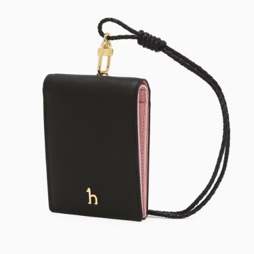 헤지스 여성 블랙 가죽 퍼피 배색 목걸이형 카드지갑_HIHO6E603BK