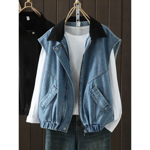 스터드 배색 카라 데님베스트_NC3JK008