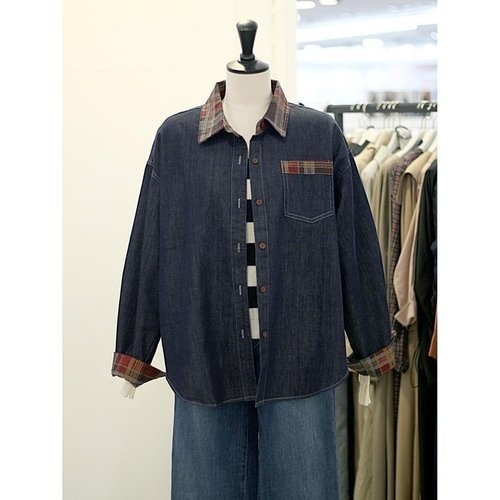 메종블랑쉬 세이브존03 체크 배색 포인트 데님 셔츠 AGM253JSH909A