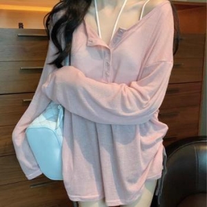 핑크 시스루 긴팔티 루즈핏 헨리넥 여름 긴팔티 42334578