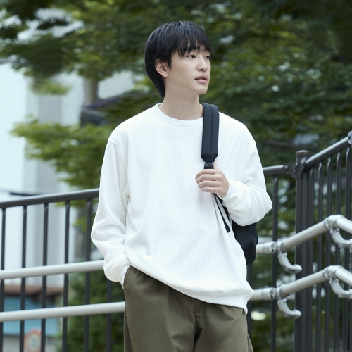 MUJI 남성 UV 컷 건조가 빠른 와플 크루넥 긴소매 티셔츠 AB1OHA5A