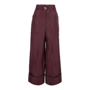 펜디 Bordeaux Pants with FF Buckle Belt and Maxi Turn Up Hem in Silk Woma..