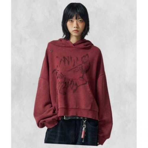 슬로우애시드 스터드 워시드 와이드 후디 버건디 251674 FE4827709-E2B