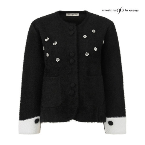 96NY 배색 소매 플라워 노카라 퍼 가디건 NPBKG013M0