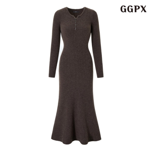 GGPX 반버튼 골지 플레어 니트 롱 원피스 GPDOW013D
