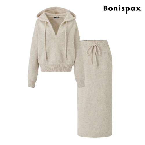 보니스팍스 브이넥 후드 니트 롱 스커트 셋업 XP4OW008L0