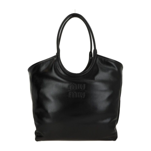 미우미우 블랙 글로시 가죽 로고 패치 더블 핸들 토트백 5BG321VOOO 2IEOF0002