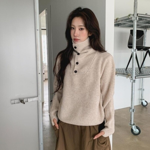 옷자락 다잇템 여성 박시핏 버튼 잔고리 클래식 폴라넥 니트_23756790_5888