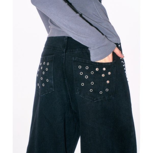 플레이스 STUDIO 로우라이즈 리벳 아일렛 더블 포인트 디테일 와이드 코튼 팬츠 흑청 237725