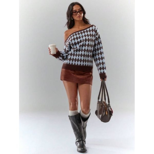 아미 Gl ne 캐주얼 컬러블록 다이아몬드 비대칭 칼라 스웨터 가을 겨울 2218577 J