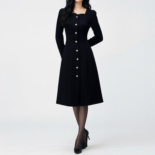 모리스커밍홈 여성 트위드 하트넥 퍼프 진주 원피스 M2512OP110D