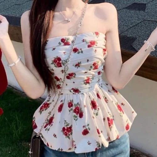 플레어 오프숄더 스모크 플라워블라우스 주름 WFI7YM4