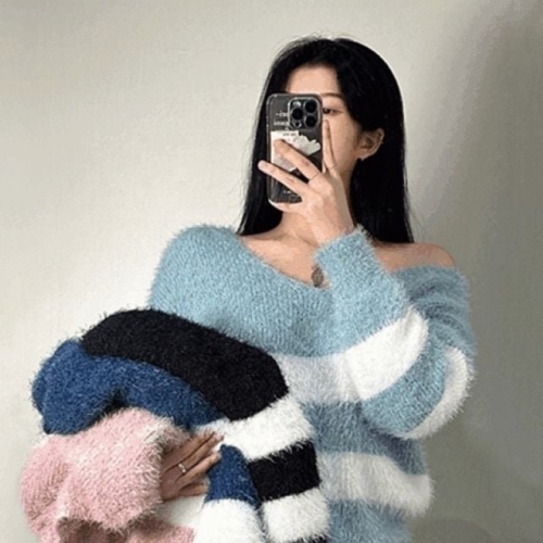 앙고라 니트 스웨터 보트넥 여성 겨울 털 니트 고급 WFIN7RQ