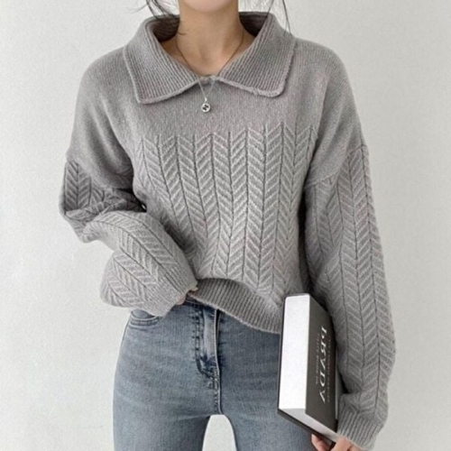 헤링본 패턴 데일리 크롭 카라 클래식 니트 티셔츠 겨 KYR-WFGV7TY