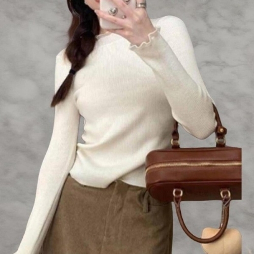 옷자락 여성 소매 클래식 프릴 골지 폴라넥 스웨터 티셔츠 23992857