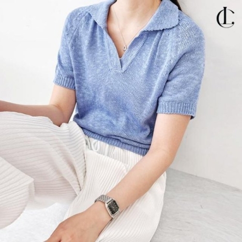 엘케이트 반팔티 여성 니트 오픈 파란 LDZ9 WFK6OJN